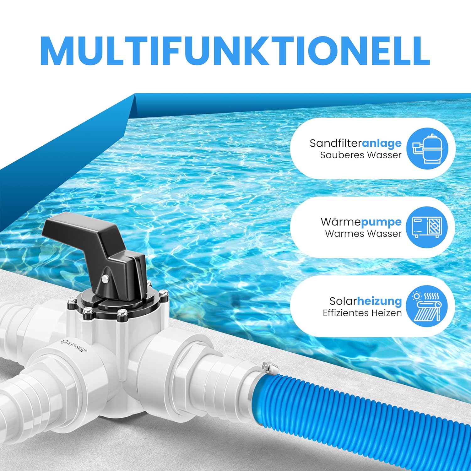 KESSER® Pool-Bypass-Set 12 Stück – 3-Wege-Ventil, ABS-Adapter 32/38 mm, Stahlklemmen