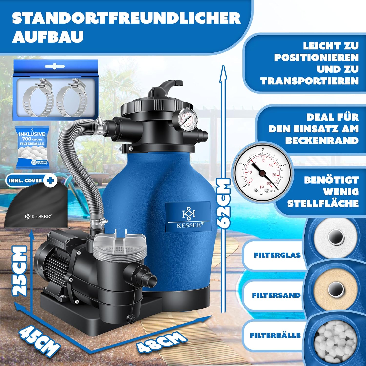 Kesser® Pool‑Sandfilter 10 m³/h 4‑Wege‑Ventil, einfache Steuerung, blau