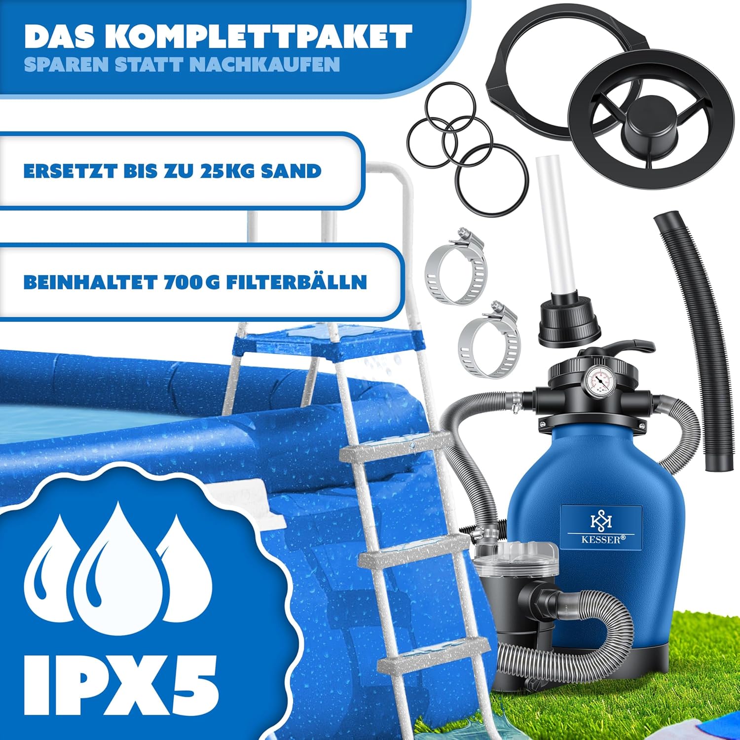 Kesser® Pool‑Sandfilter 10 m³/h 4‑Wege‑Ventil, einfache Steuerung, blau