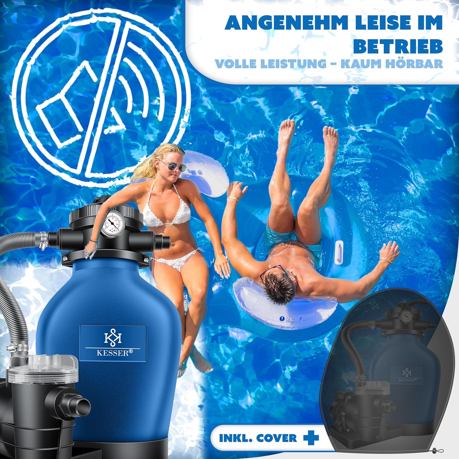 Kesser® Pool‑Sandfilter 10 m³/h 4‑Wege‑Ventil, einfache Steuerung, blau