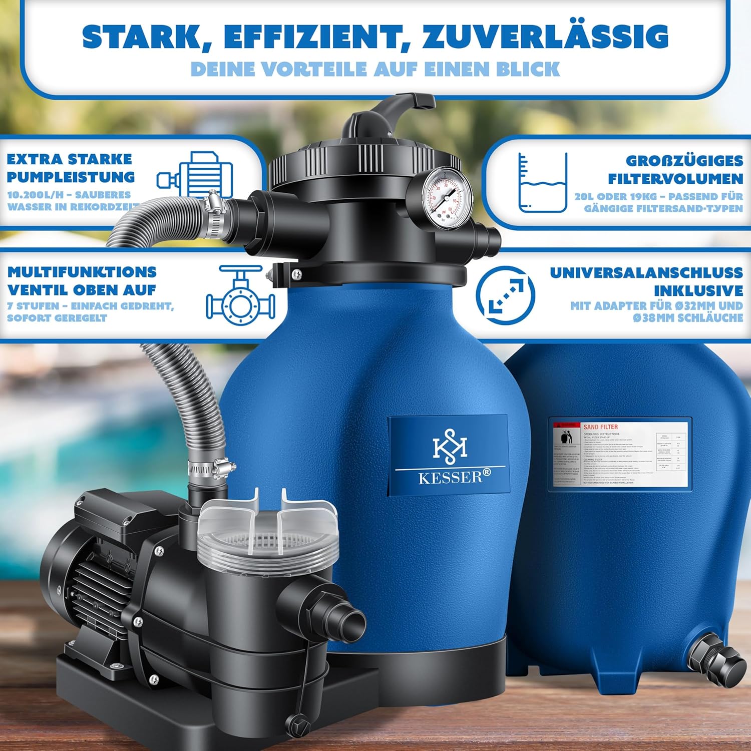 Kesser® Pool‑Sandfilter 10 m³/h 4‑Wege‑Ventil, einfache Steuerung, blau