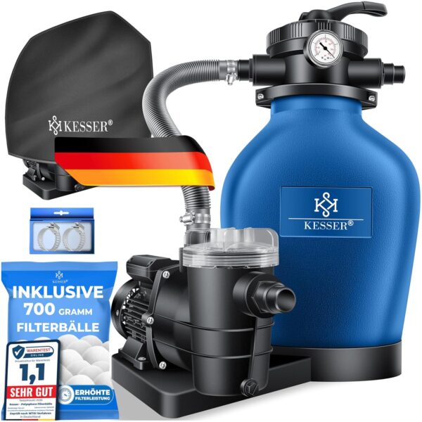 Kesser® Pool‑Sandfilter 10 m³/h 4‑Wege‑Ventil, einfache Steuerung, blau