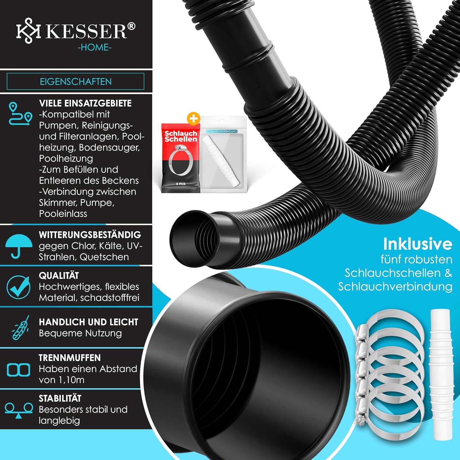 KESSER® Poolhose 6 m, 38 mm, Solar, Saug‑ und Pumpen, flexibel, schwarz