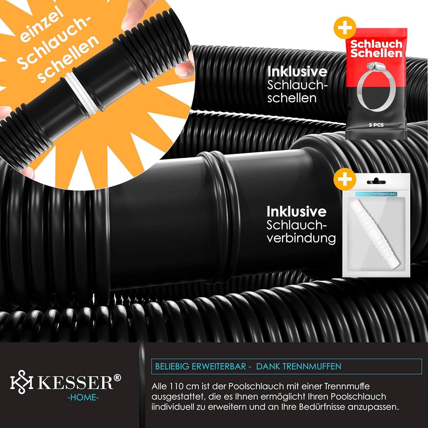 KESSER® Poolhose 6 m, 38 mm, Solar, Saug‑ und Pumpen, flexibel, schwarz