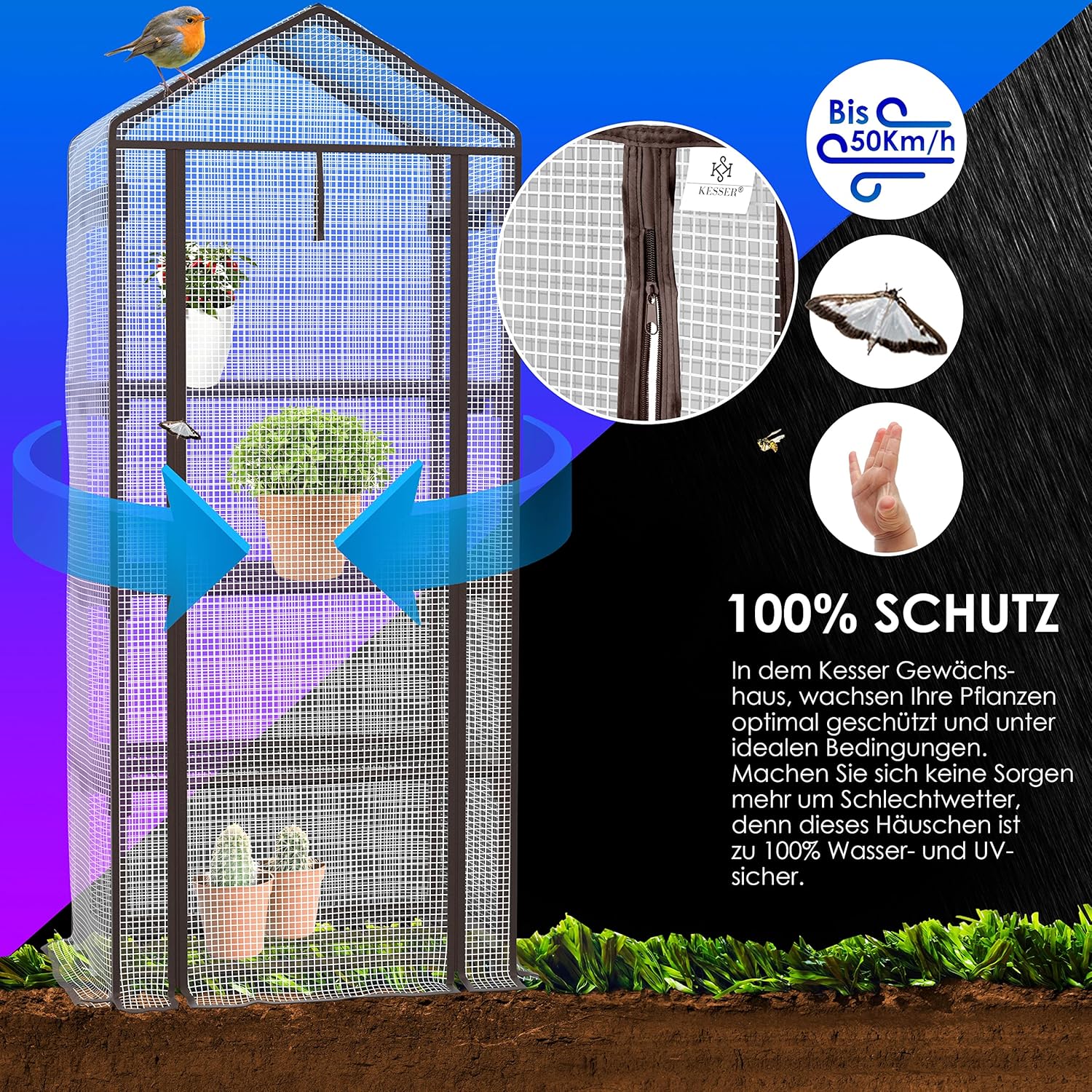 KESSER Premium Folien-Gewächshaus 4 Ebenen – 69x50x158 cm, 4 Regale, platzsparend