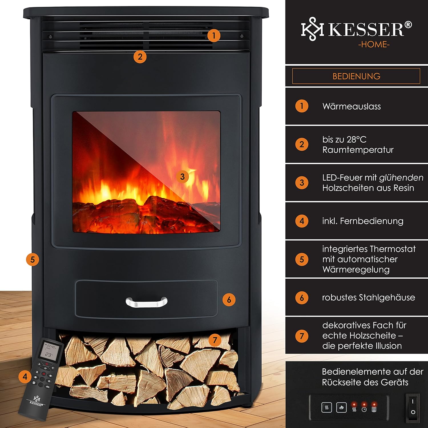 KESSER® Prio Elektrischer Kamin – Heizer, Lüfter, Fernbedienung, LED-Flammen