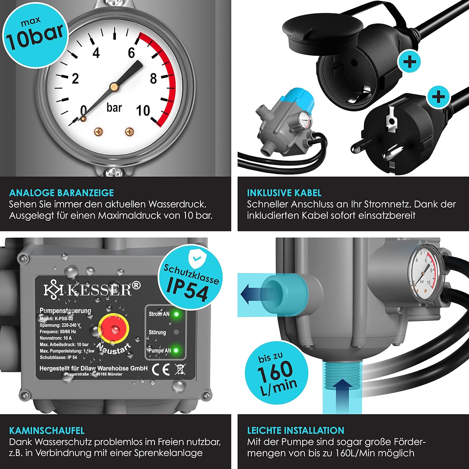 KESSER® Pumpenkontrollgerät 10 Bar Druckanzeige, Elektronischer Druckschalter, Automatischer Ein/Off