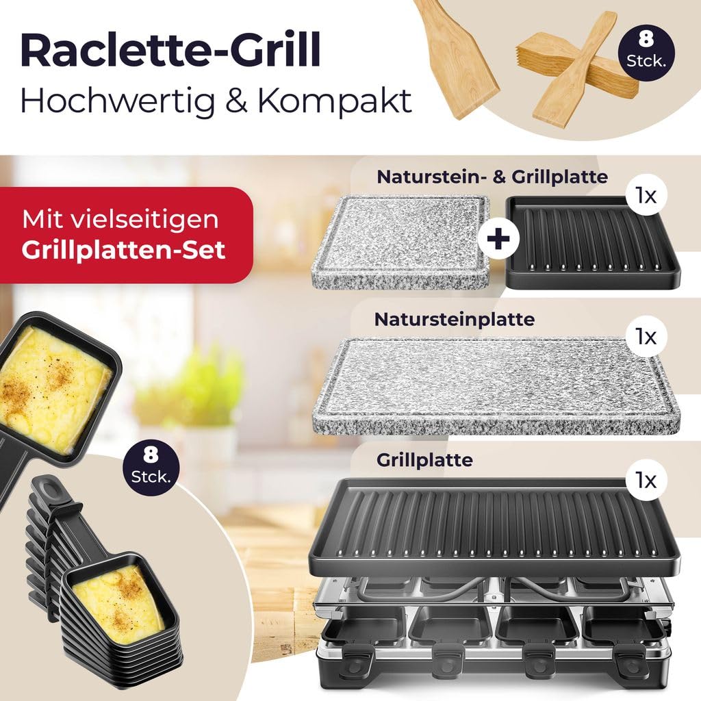 KESSER® Raclette Grill 1200 W – Naturgrillstein, 8 Pfännchen, Tischgrill
