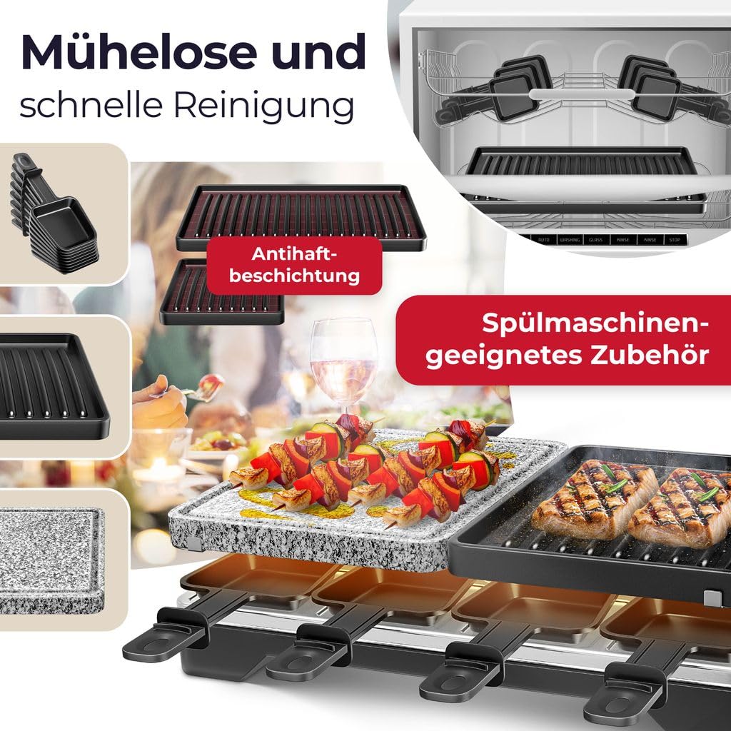 KESSER® Raclette Grill 1200 W – Naturgrillstein, 8 Pfännchen, Tischgrill