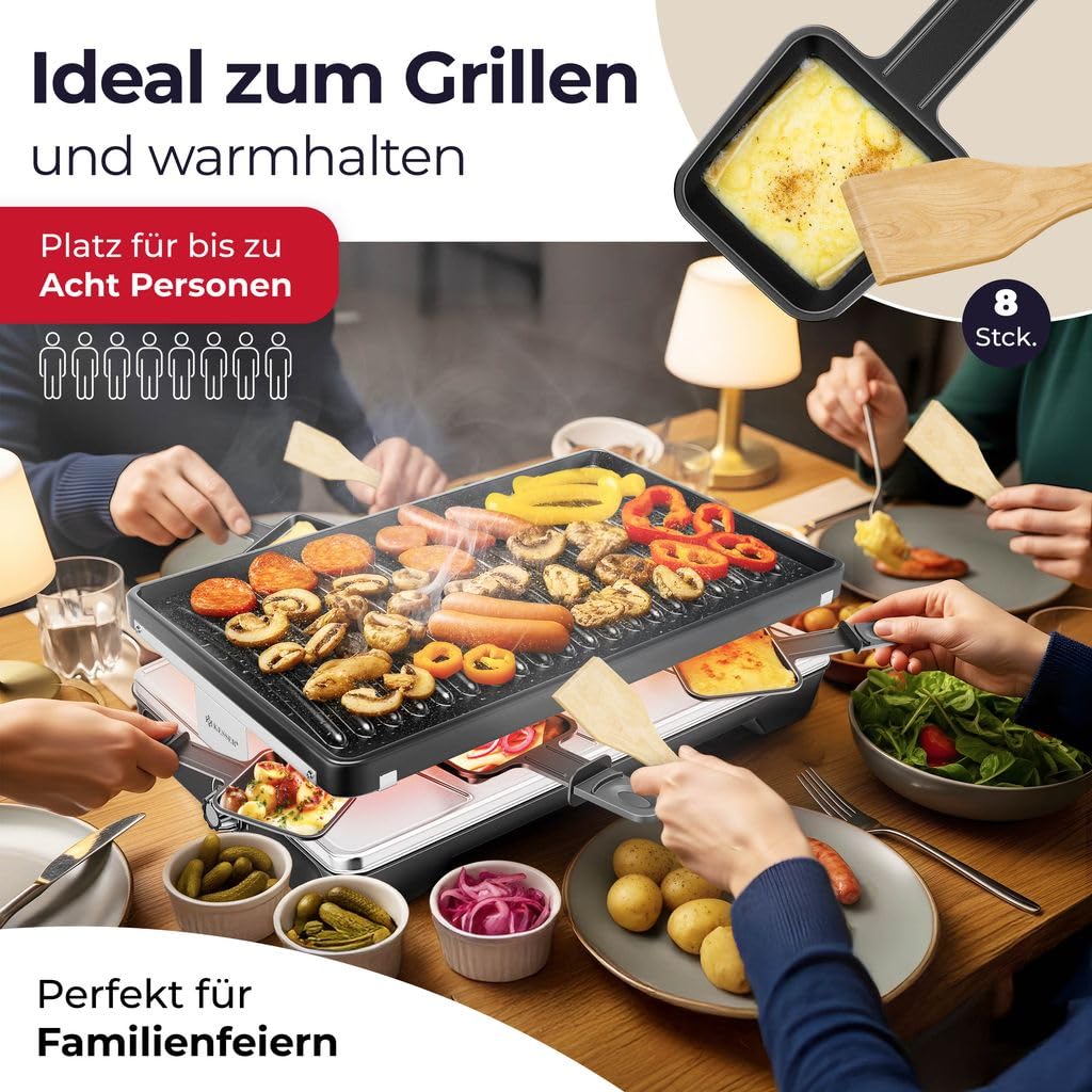 KESSER® Raclette Grill 1200 W – Naturgrillstein, 8 Pfännchen, Tischgrill