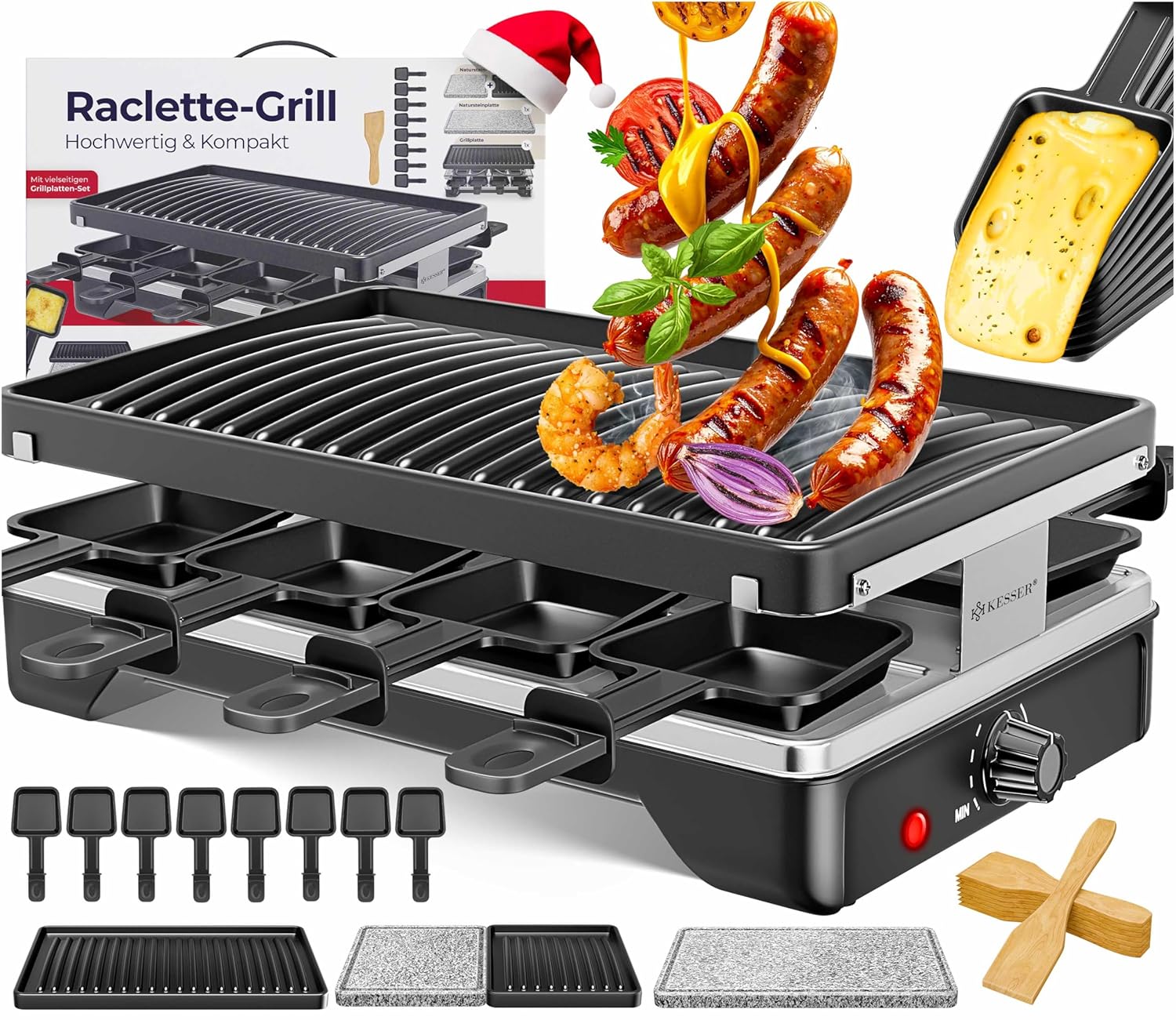 KESSER® Raclette Grill 1200 W – Naturgrillstein, 8 Pfännchen, Tischgrill