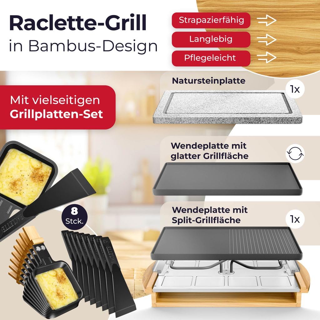KESSER® Raclette‑Grill 1200 W – Naturstein, Antihaftplatte, Tischgrill für 8 Personen