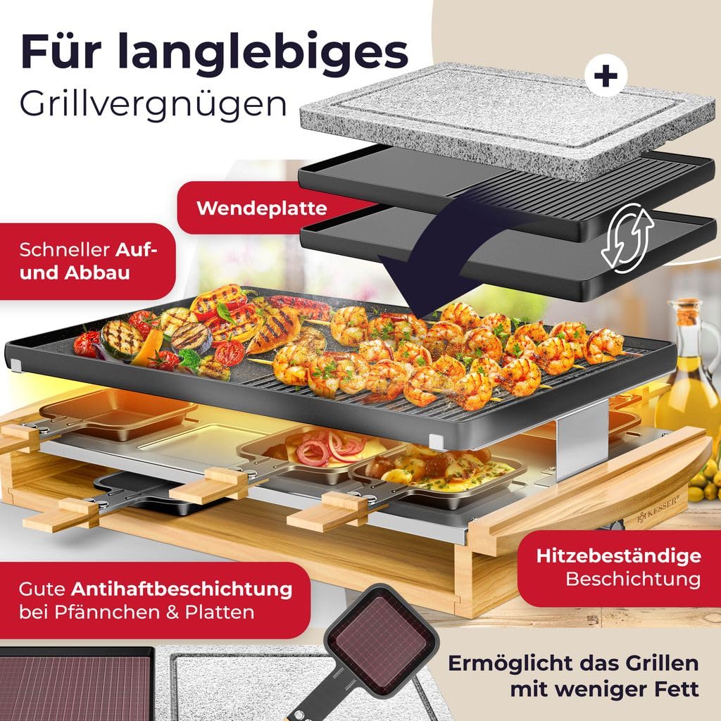 KESSER® Raclette‑Grill 1200 W – Naturstein, Antihaftplatte, Tischgrill für 8 Personen