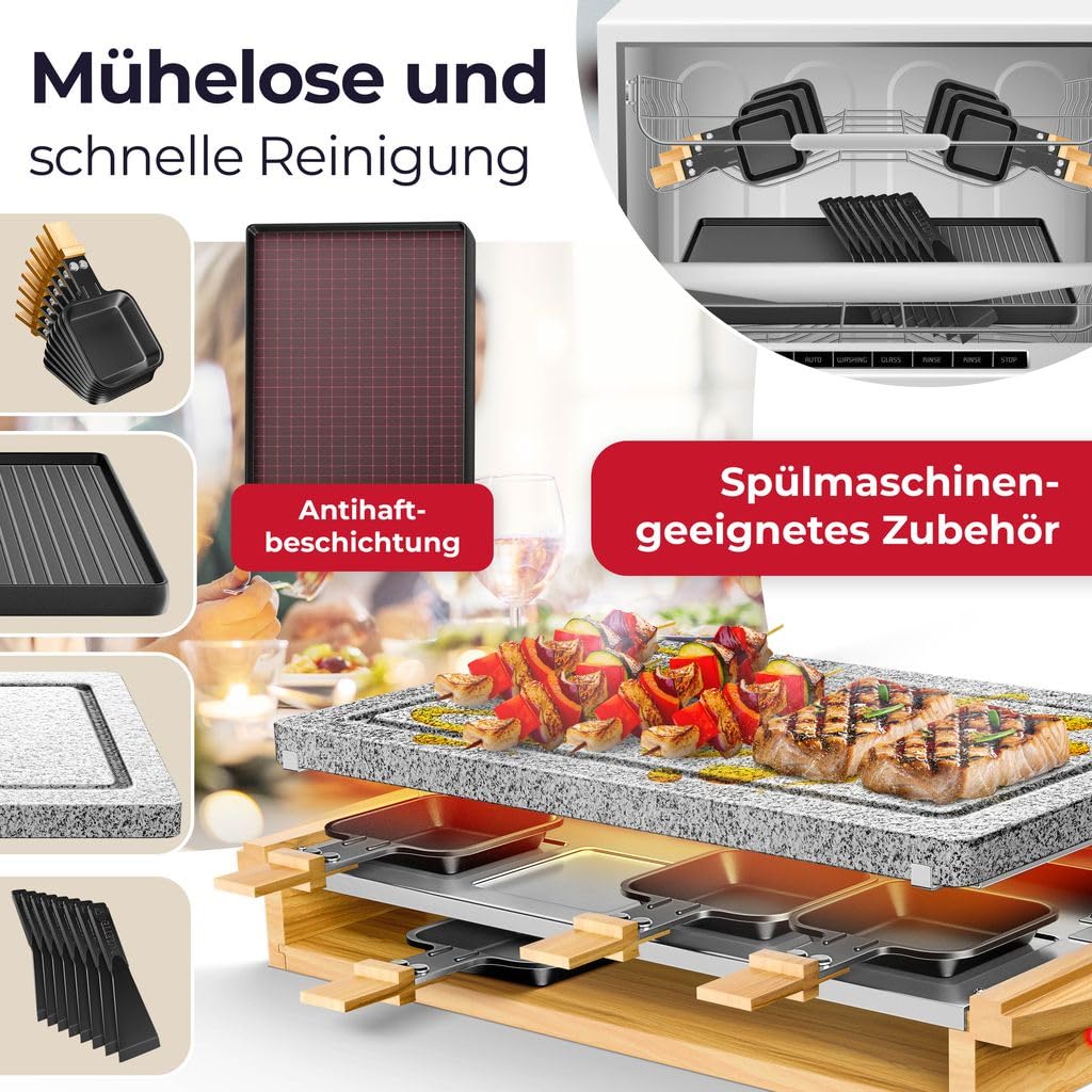 KESSER® Raclette‑Grill 1200 W – Naturstein, Antihaftplatte, Tischgrill für 8 Personen