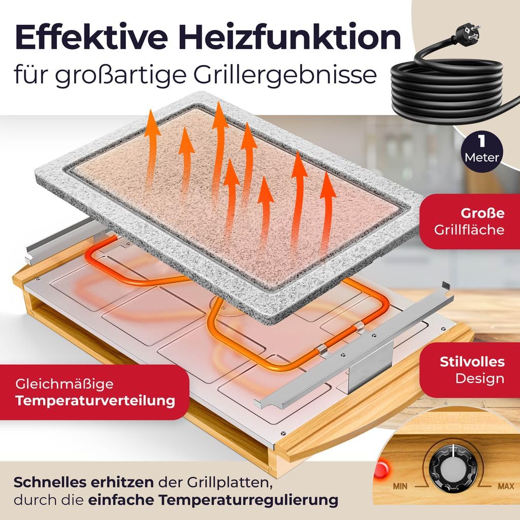 KESSER® Raclette‑Grill 1200 W – Naturstein, Antihaftplatte, Tischgrill für 8 Personen