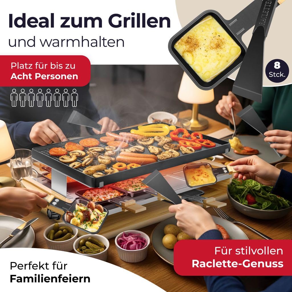 KESSER® Raclette‑Grill 1200 W – Naturstein, Antihaftplatte, Tischgrill für 8 Personen