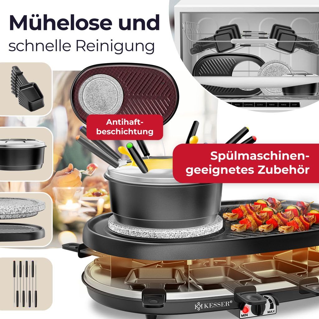 KESSER® Raclette‑Grill 3‑in‑1: Naturstein, Antihaftplatte, 8 Töpfe & Holztablett