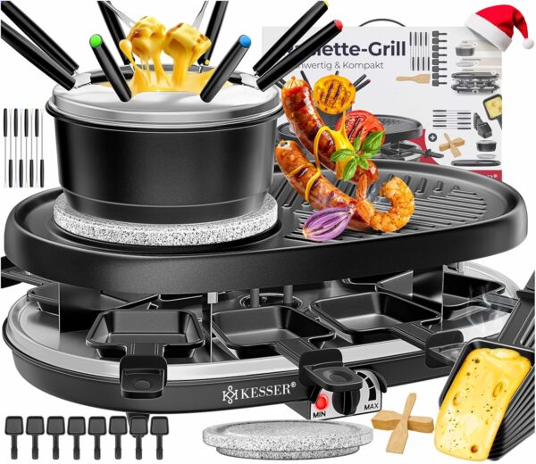 KESSER® Raclette‑Grill 3‑in‑1: Naturstein, Antihaftplatte, 8 Töpfe & Holztablett