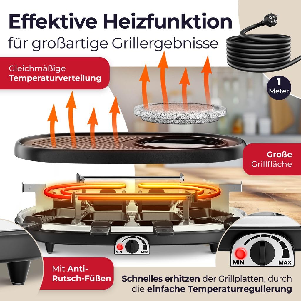 KESSER® Raclette‑Grill 3‑in‑1: Naturstein, Antihaftplatte, 8 Töpfe & Holztablett