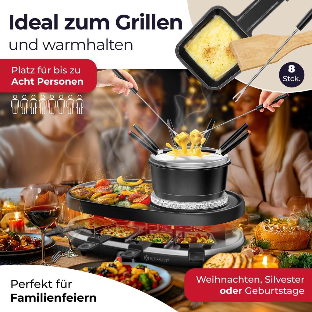 KESSER® Raclette‑Grill 3‑in‑1: Naturstein, Antihaftplatte, 8 Töpfe & Holztablett