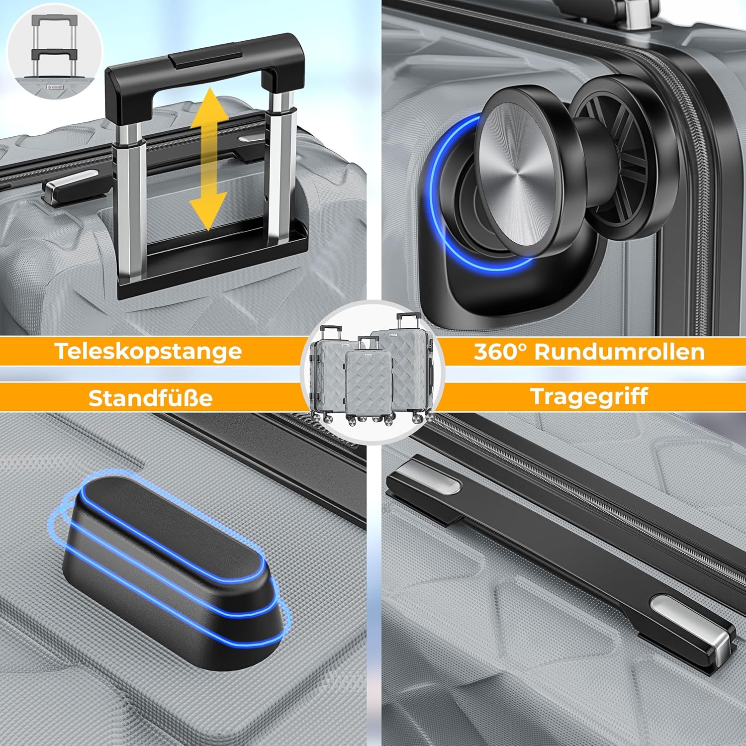 KESSER® Reisetasche Set 3 Stück: ABS Hartschale, 360° Räder, Kombo-Schloss