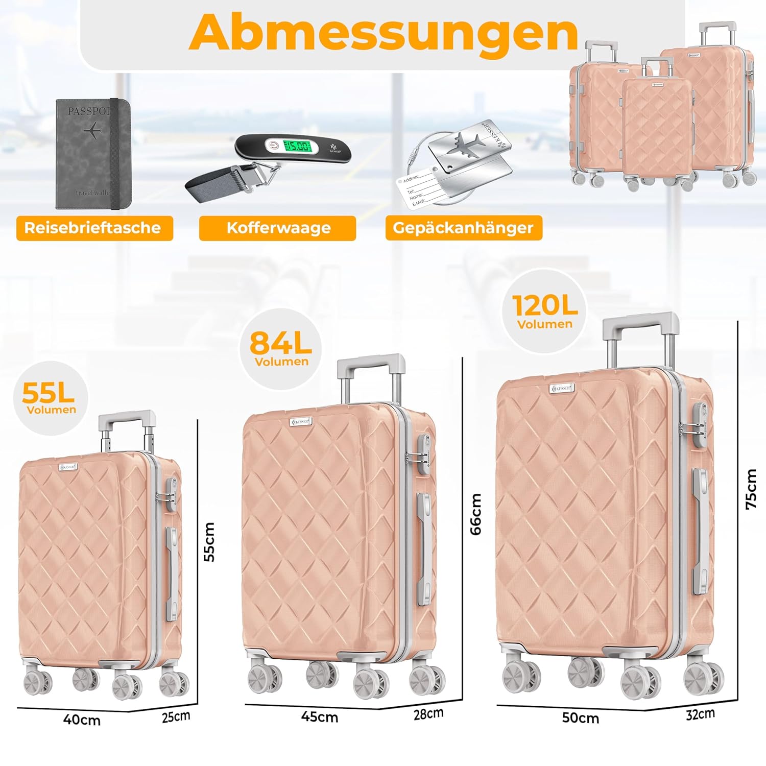 KESSER® Reisetasche Set 3 Stück: ABS Hartschale, 360° Räder, Kombo-Schloss