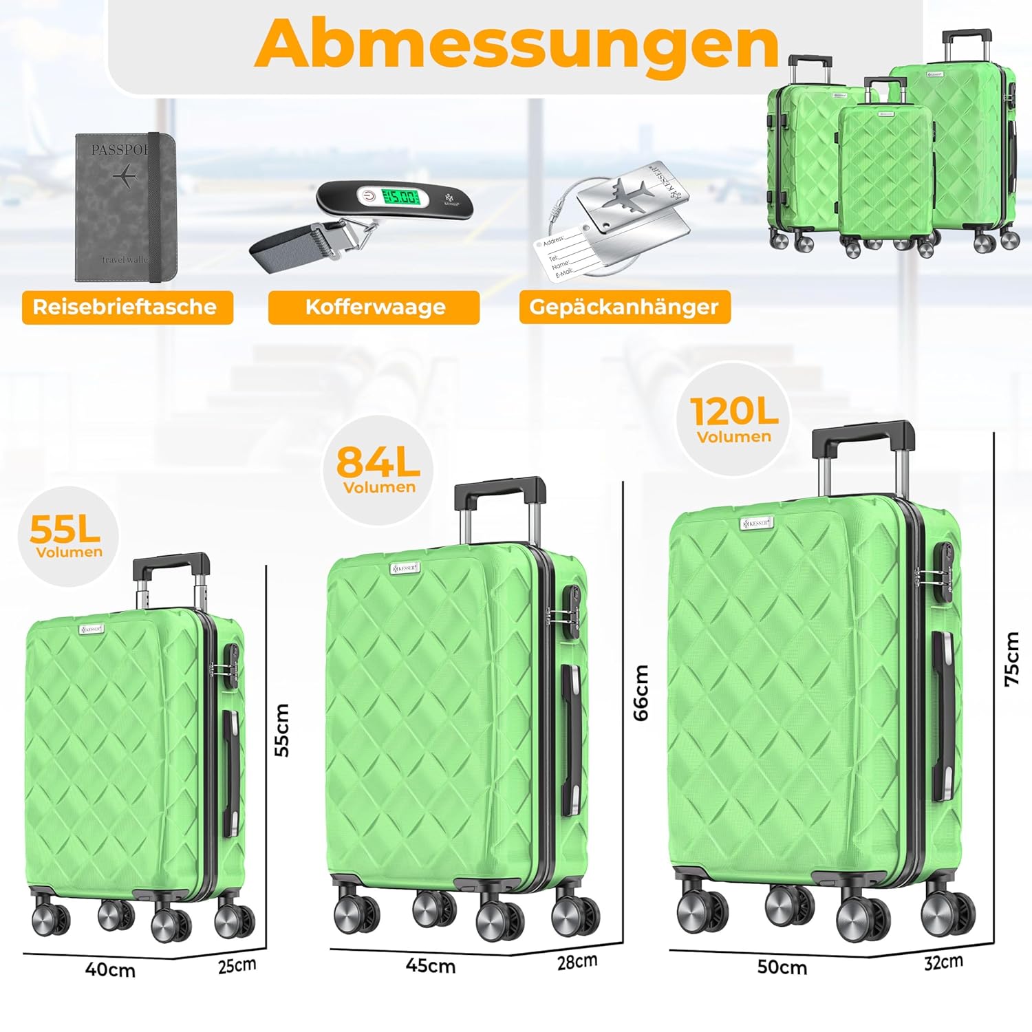 KESSER® Reisetasche Set 3 Stück: ABS Hartschale, 360° Räder, Kombo-Schloss