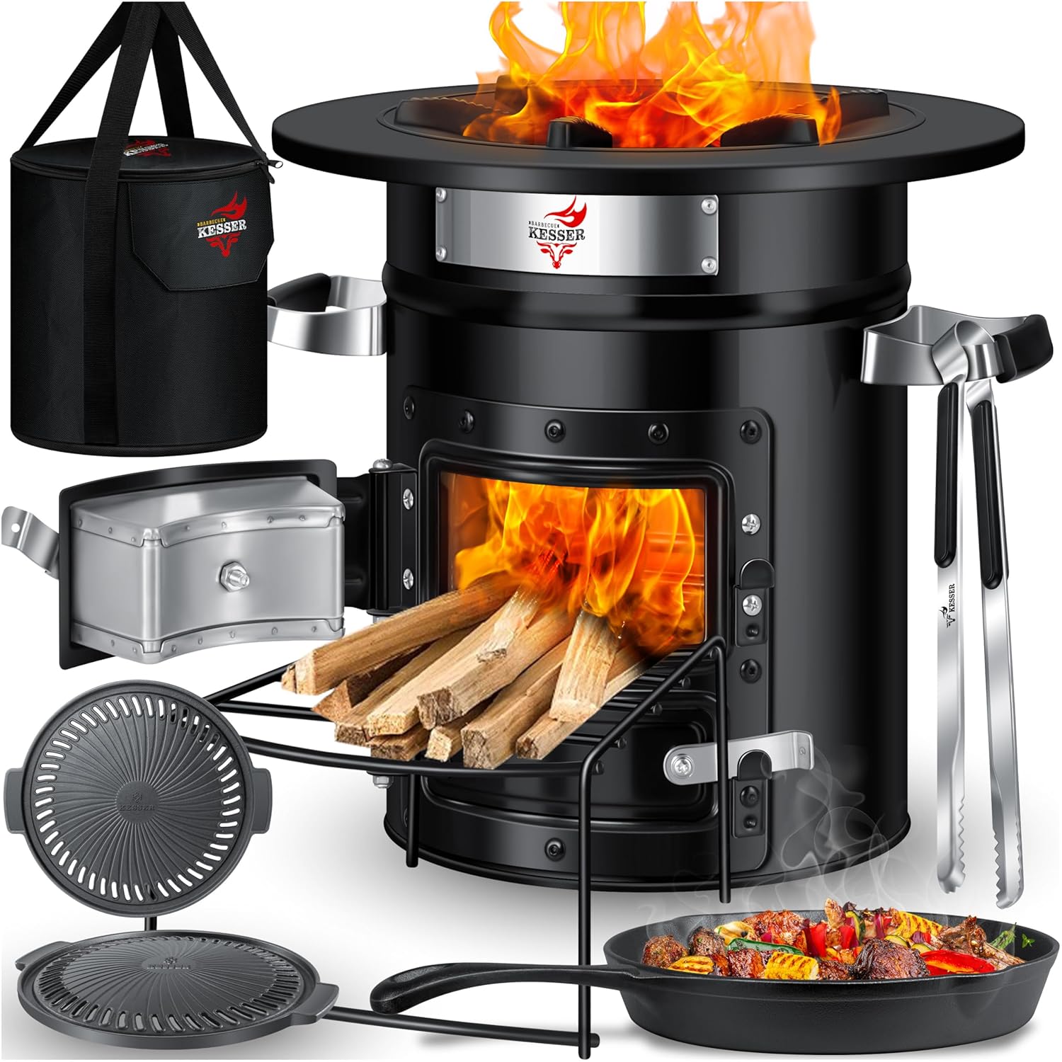 KESSER Rocket Oven – Edelstahl-Outdoor‑Kochstation mit Grillplatte, Grillgabel, Tragetasche