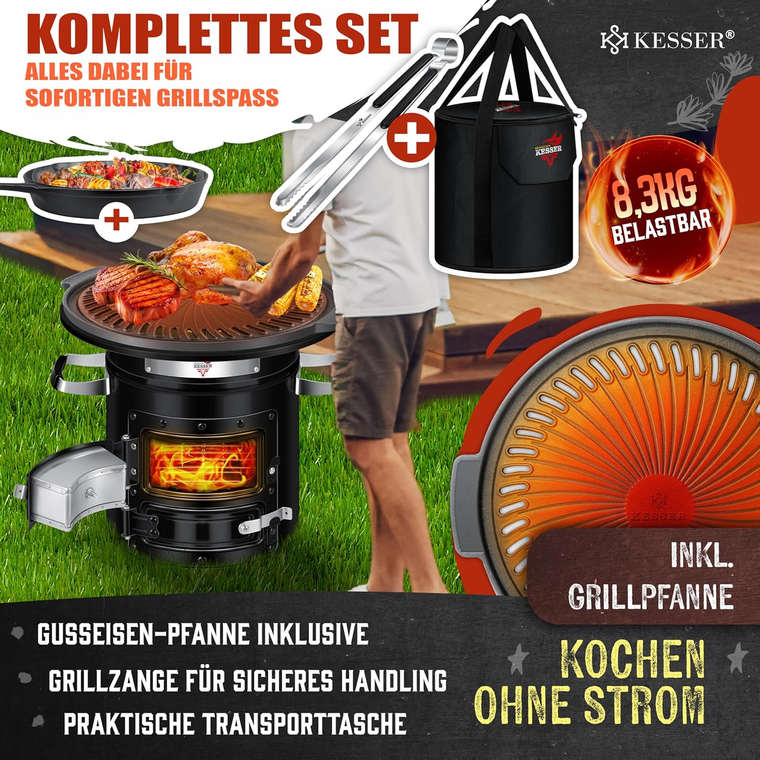 KESSER Rocket Oven – Edelstahl-Outdoor‑Kochstation mit Grillplatte, Grillgabel, Tragetasche