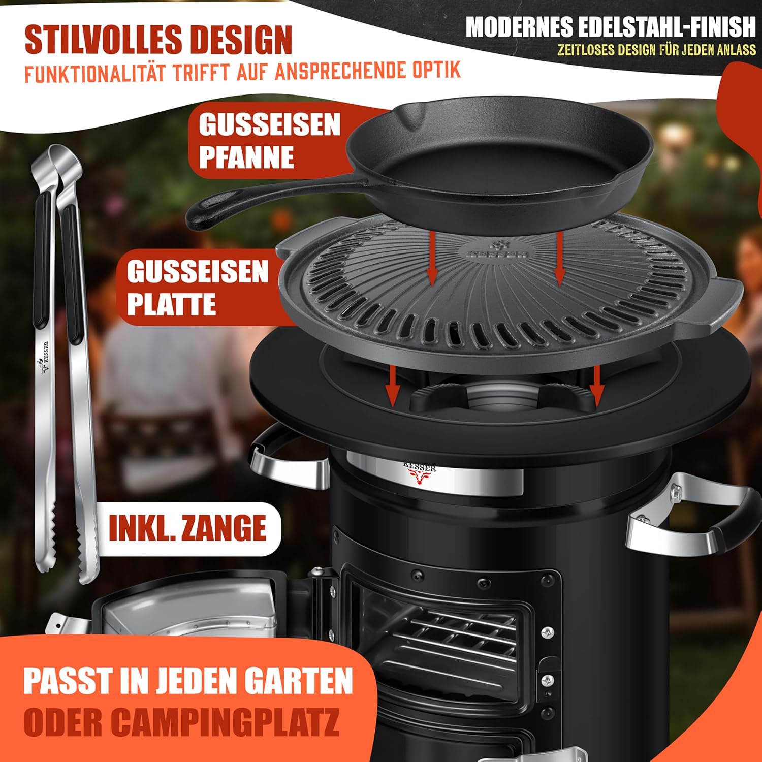 KESSER Rocket Oven – Edelstahl-Outdoor‑Kochstation mit Grillplatte, Grillgabel, Tragetasche