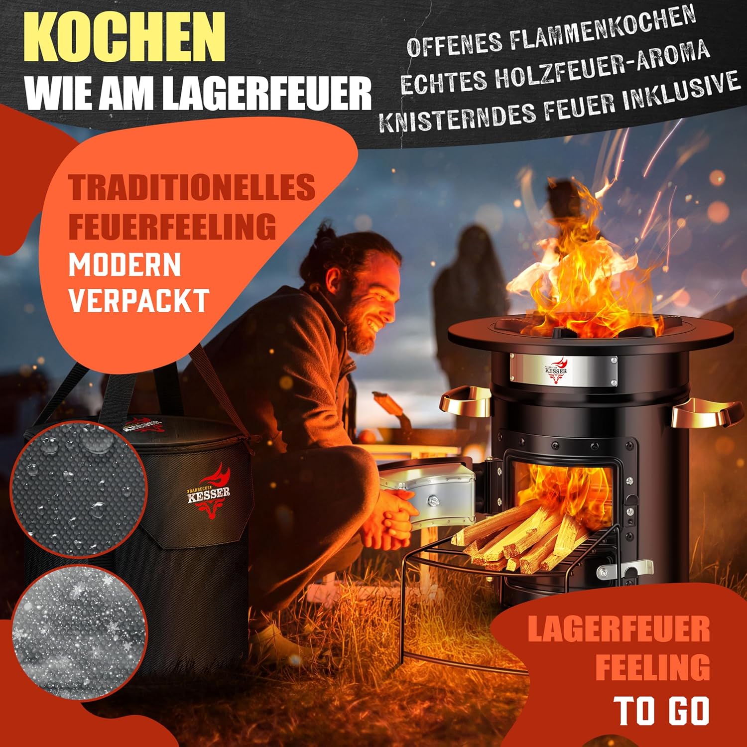 KESSER Rocket Oven – Edelstahl-Outdoor‑Kochstation mit Grillplatte, Grillgabel, Tragetasche
