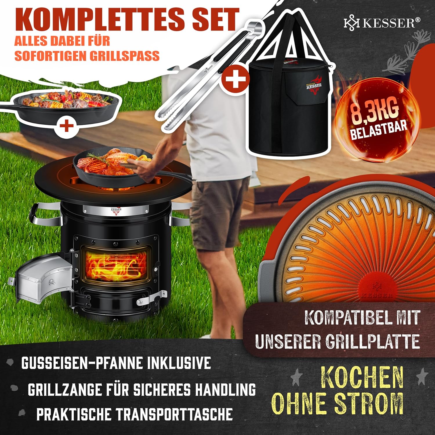 KESSER Rocket Oven mit Gusseisen Grillplatte, 6 Stacheln, tragbarer Holzofen