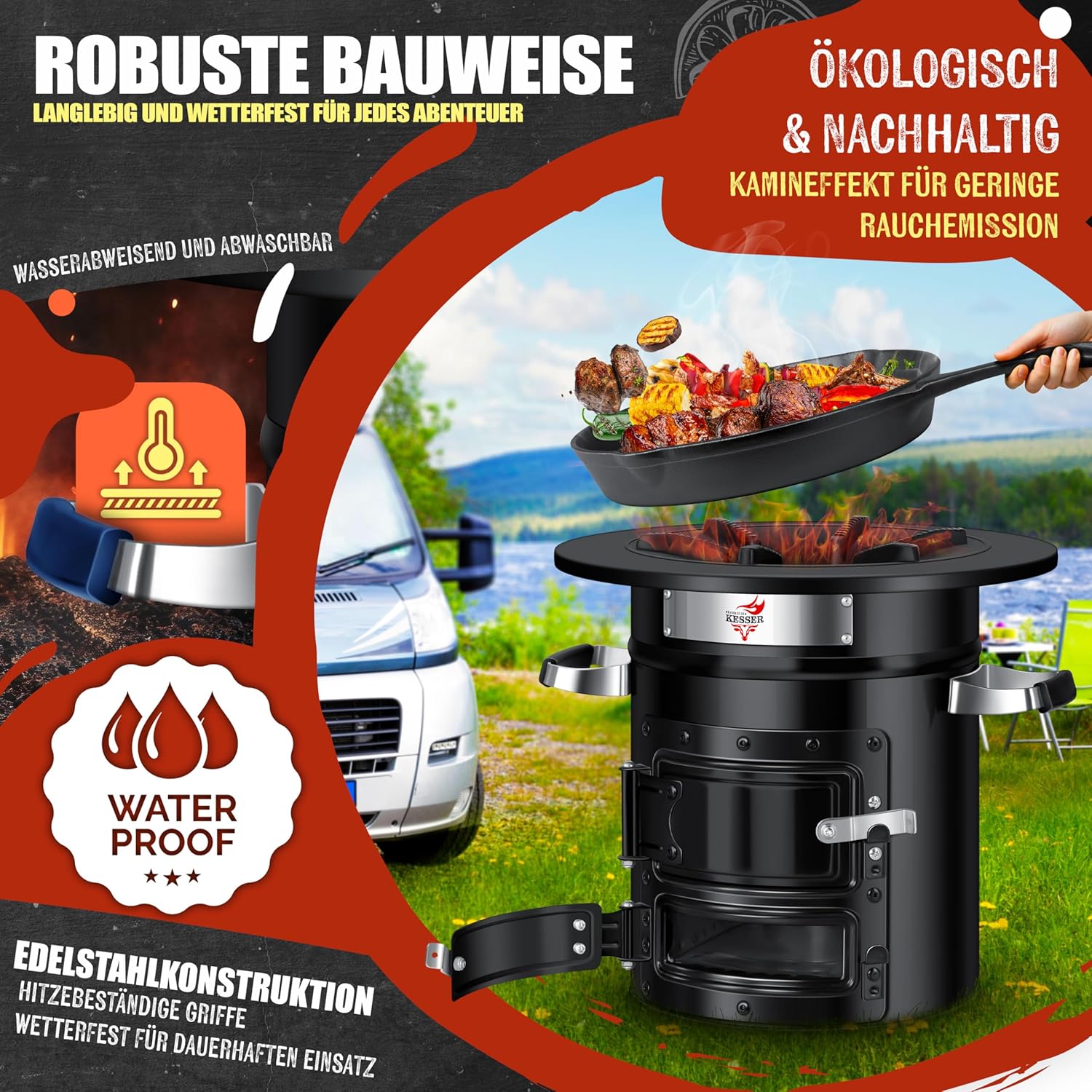 KESSER Rocket Oven mit Gusseisen Grillplatte, 6 Stacheln, tragbarer Holzofen