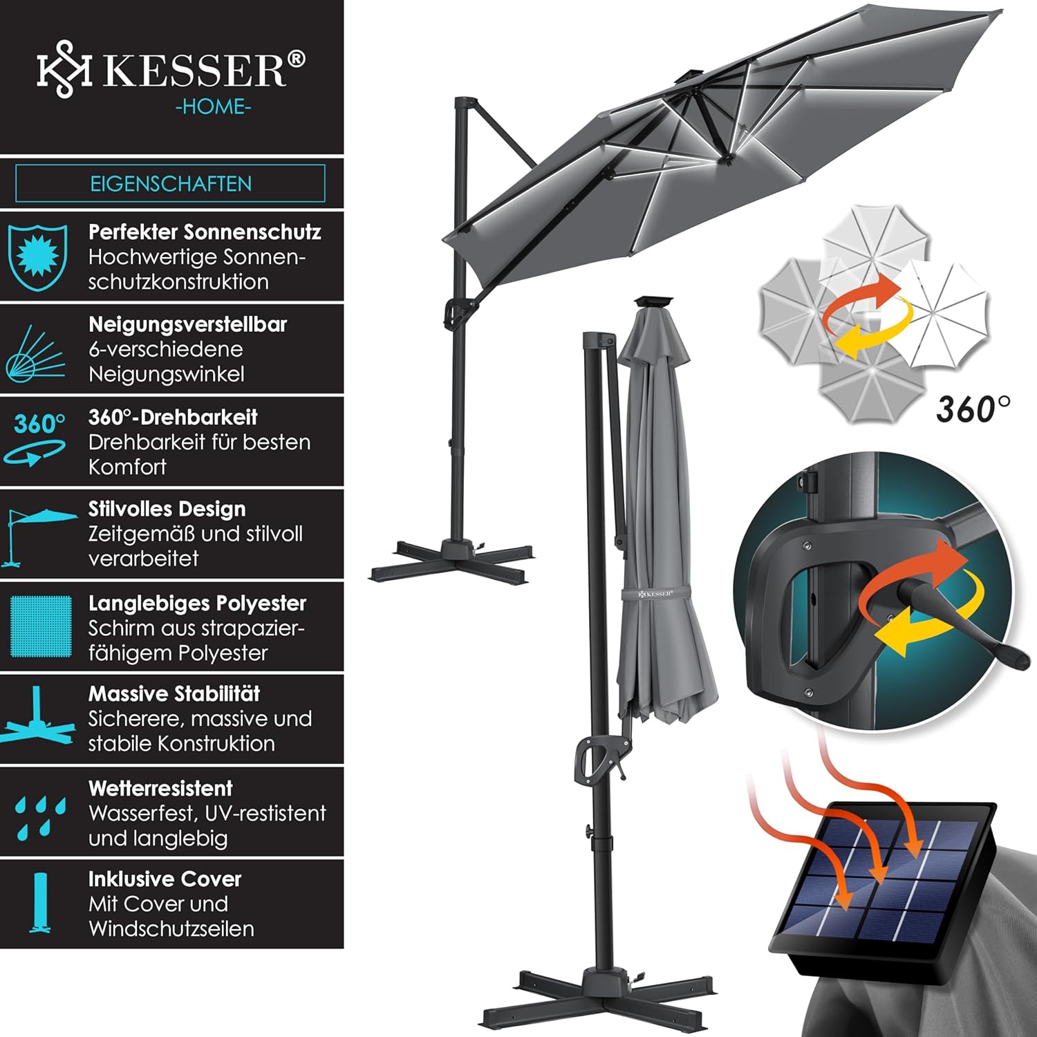 KESSER® Schirm Cantilever XL 330 cm 360° Drehbar, 7‑Wege‑Neigung, LED‑Solar