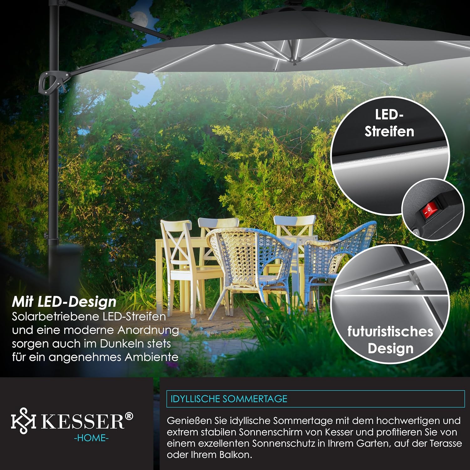 KESSER® Schirm Cantilever XL 330 cm 360° Drehbar, 7‑Wege‑Neigung, LED‑Solar