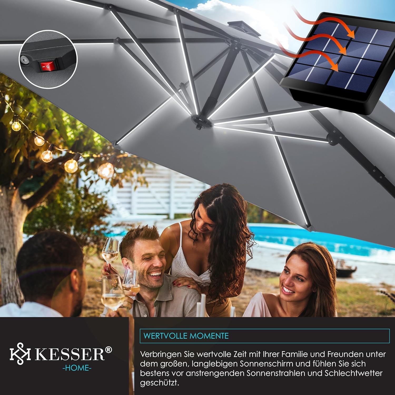 KESSER® Schirm Cantilever XL 330 cm 360° Drehbar, 7‑Wege‑Neigung, LED‑Solar