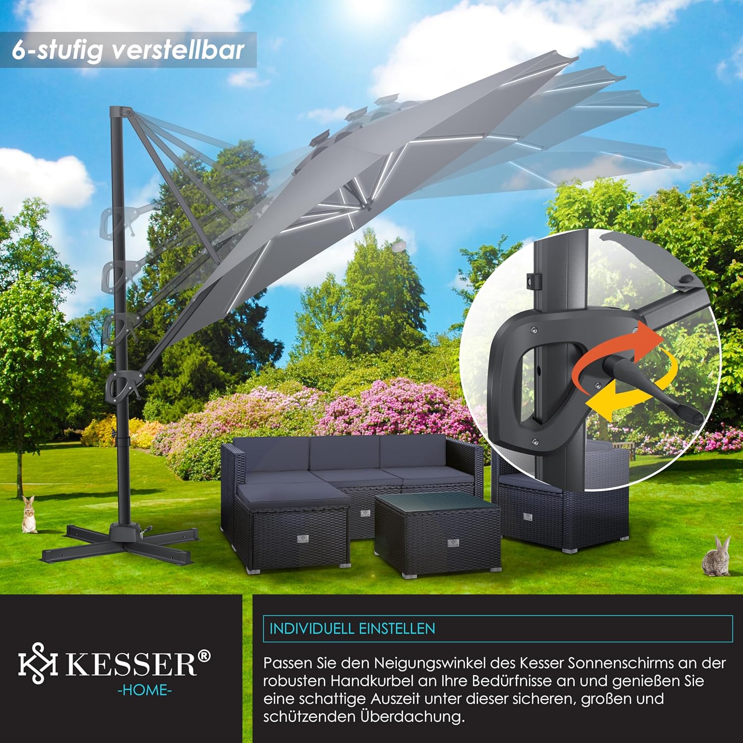 KESSER® Schirm Cantilever XL 330 cm 360° Drehbar, 7‑Wege‑Neigung, LED‑Solar