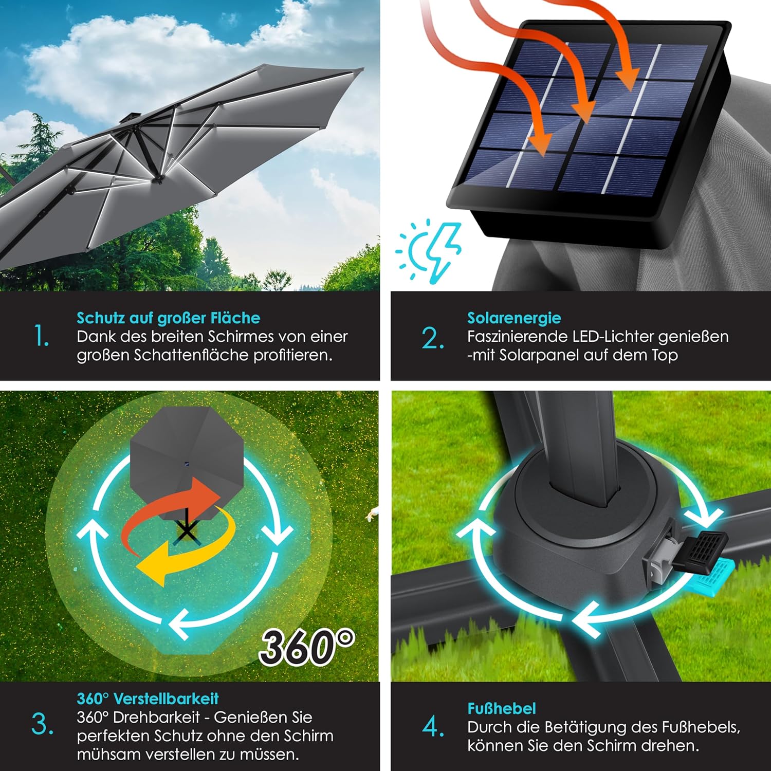 KESSER® Schirm Cantilever XL 330 cm 360° Drehbar, 7‑Wege‑Neigung, LED‑Solar