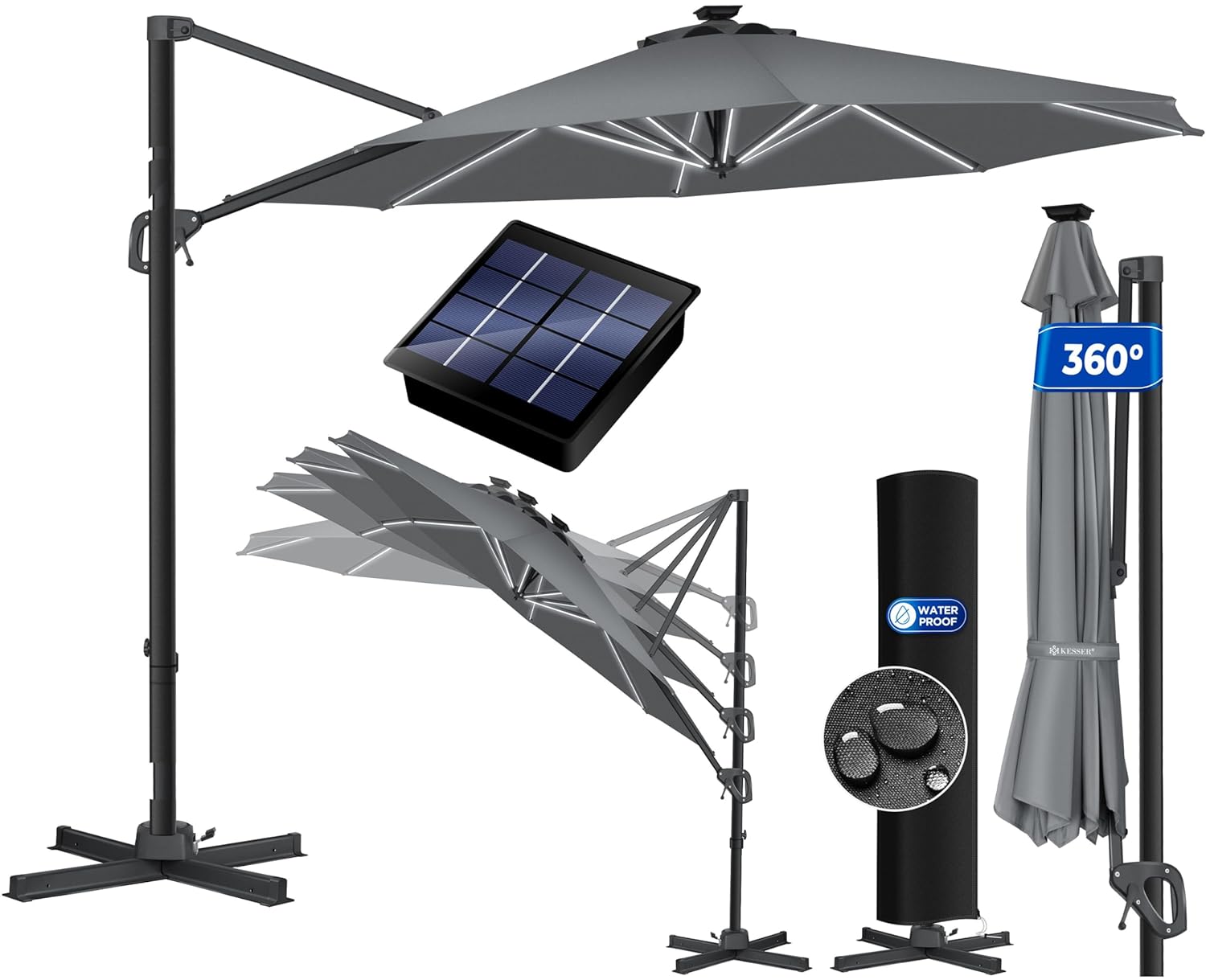 KESSER® Schirm Cantilever XL 330 cm 360° Drehbar, 7‑Wege‑Neigung, LED‑Solar