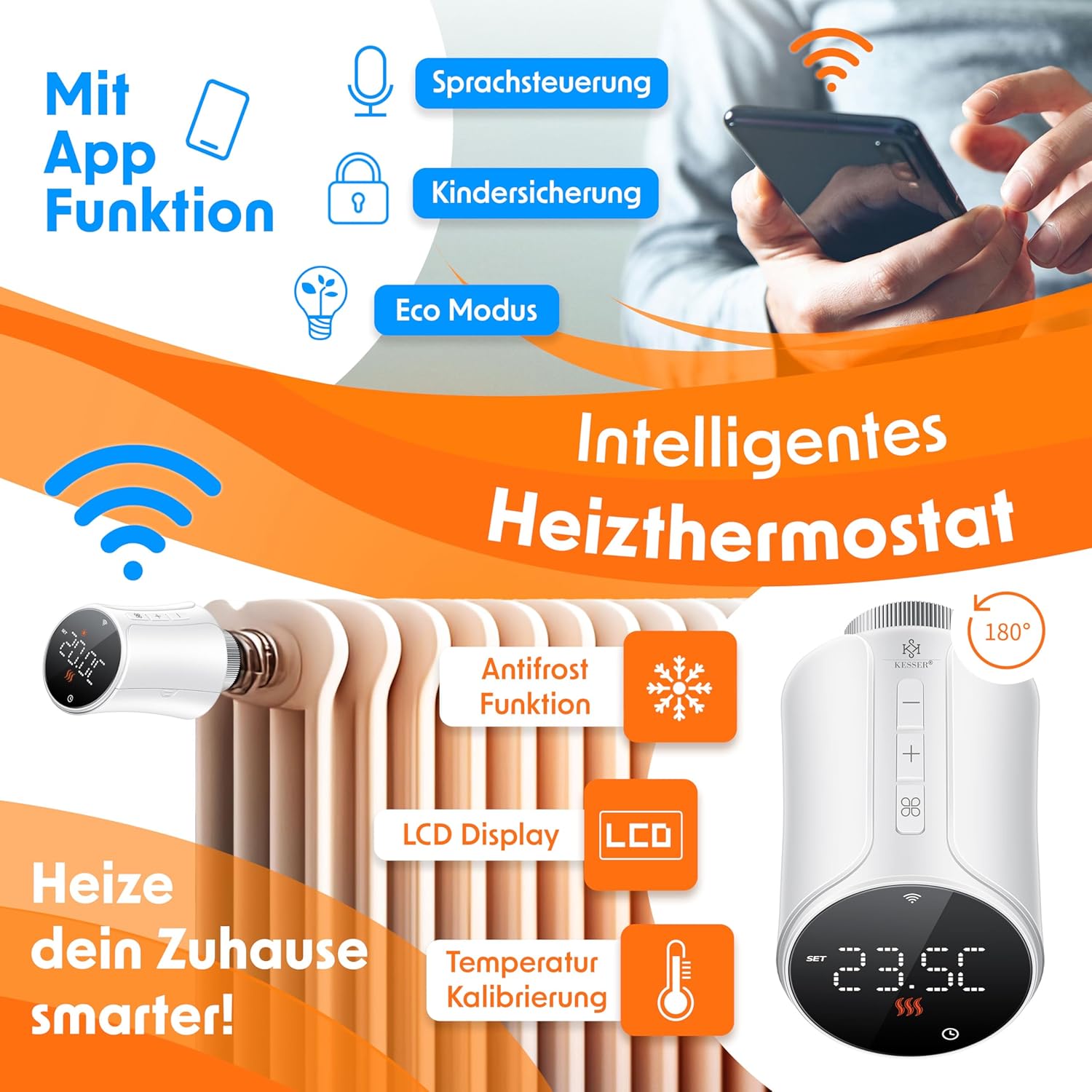 KESSER® Smart Thermostat 3 Stück WLAN, App‑Steuerung, Alexa/Google, 6 Heizkörper