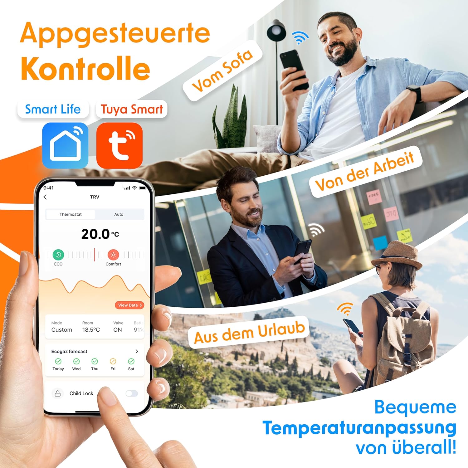 KESSER® Smart Thermostat 3 Stück WLAN, App‑Steuerung, Alexa/Google, 6 Heizkörper