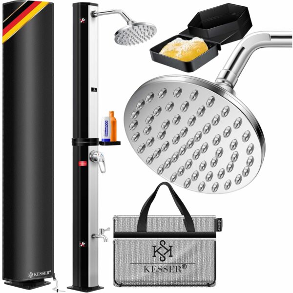 KESSER® Solarshower 40 L – Solargartendusche mit Metallregal, Schutzdeckel, bis 60 °C Warmwasser