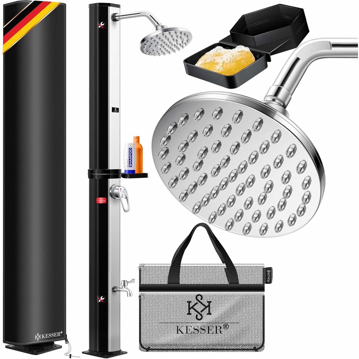 KESSER® Solarshower 40 L – Solargartendusche mit Metallregal, Schutzdeckel, bis 60 °C Warmwasser