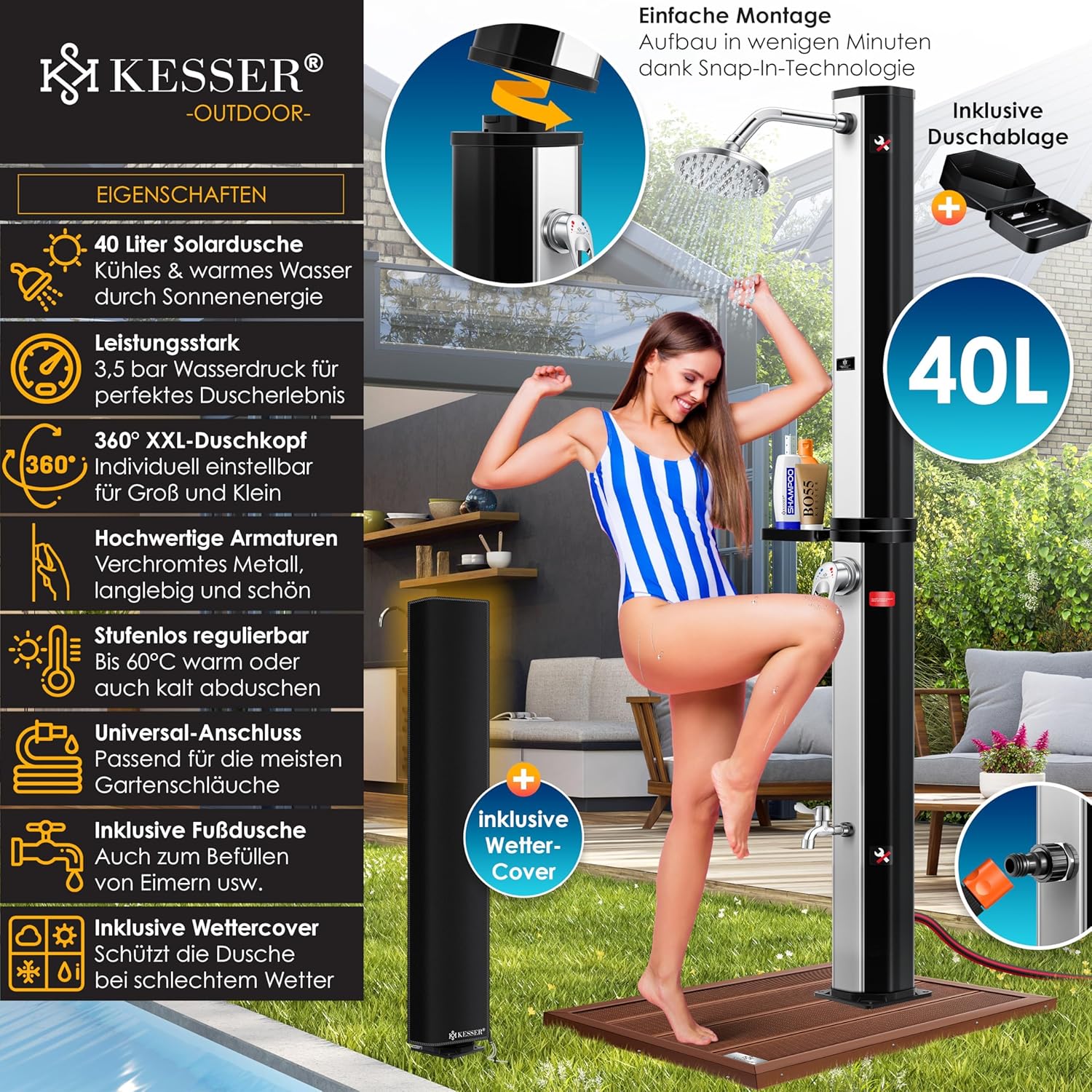 KESSER® Solarshower 40 L – Solargartendusche mit Metallregal, Schutzdeckel, bis 60 °C Warmwasser