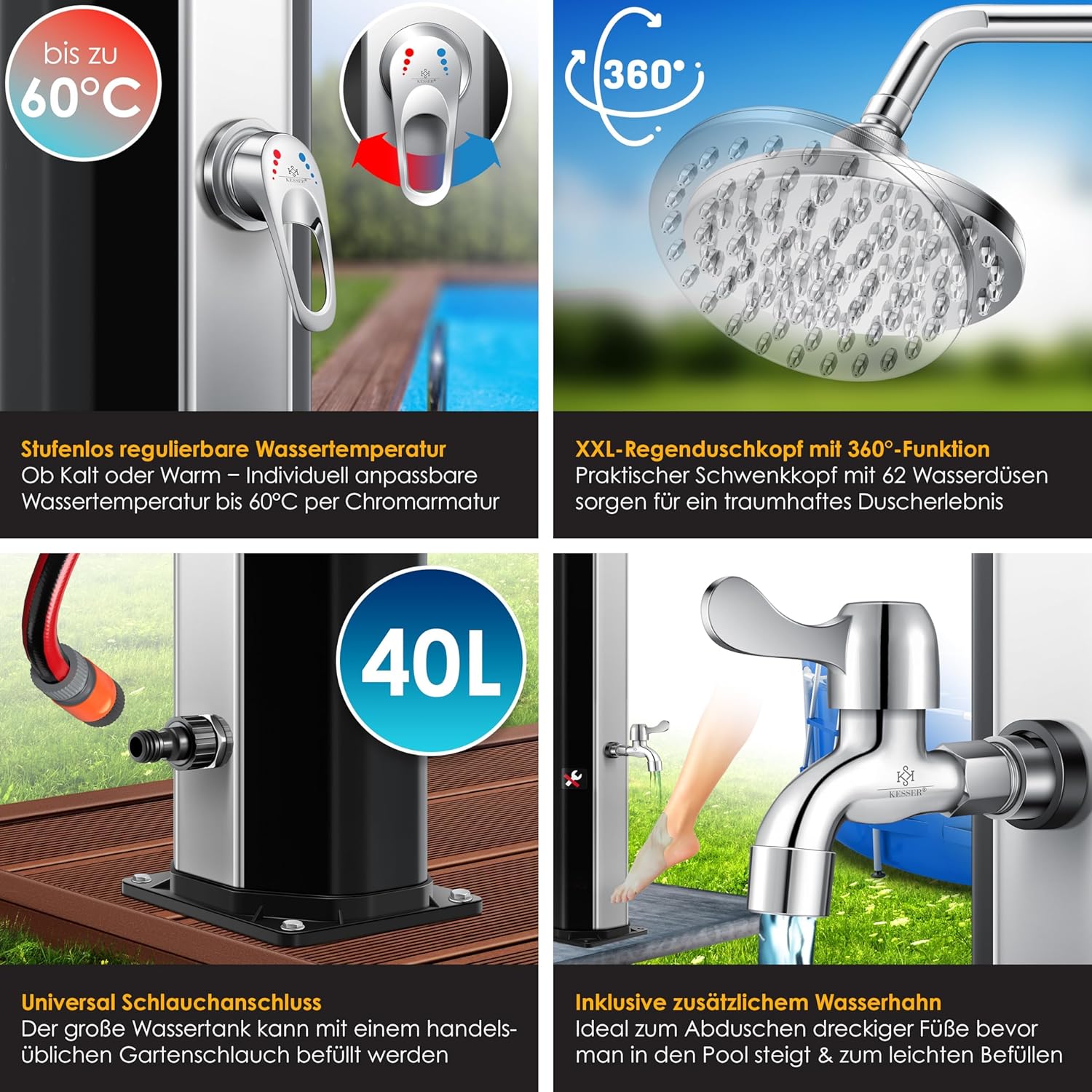 KESSER® Solarshower 40 L – Solargartendusche mit Metallregal, Schutzdeckel, bis 60 °C Warmwasser