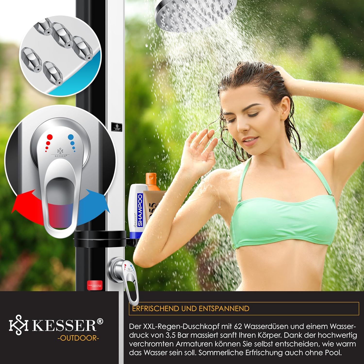 KESSER® Solarshower 40 L – Solargartendusche mit Metallregal, Schutzdeckel, bis 60 °C Warmwasser