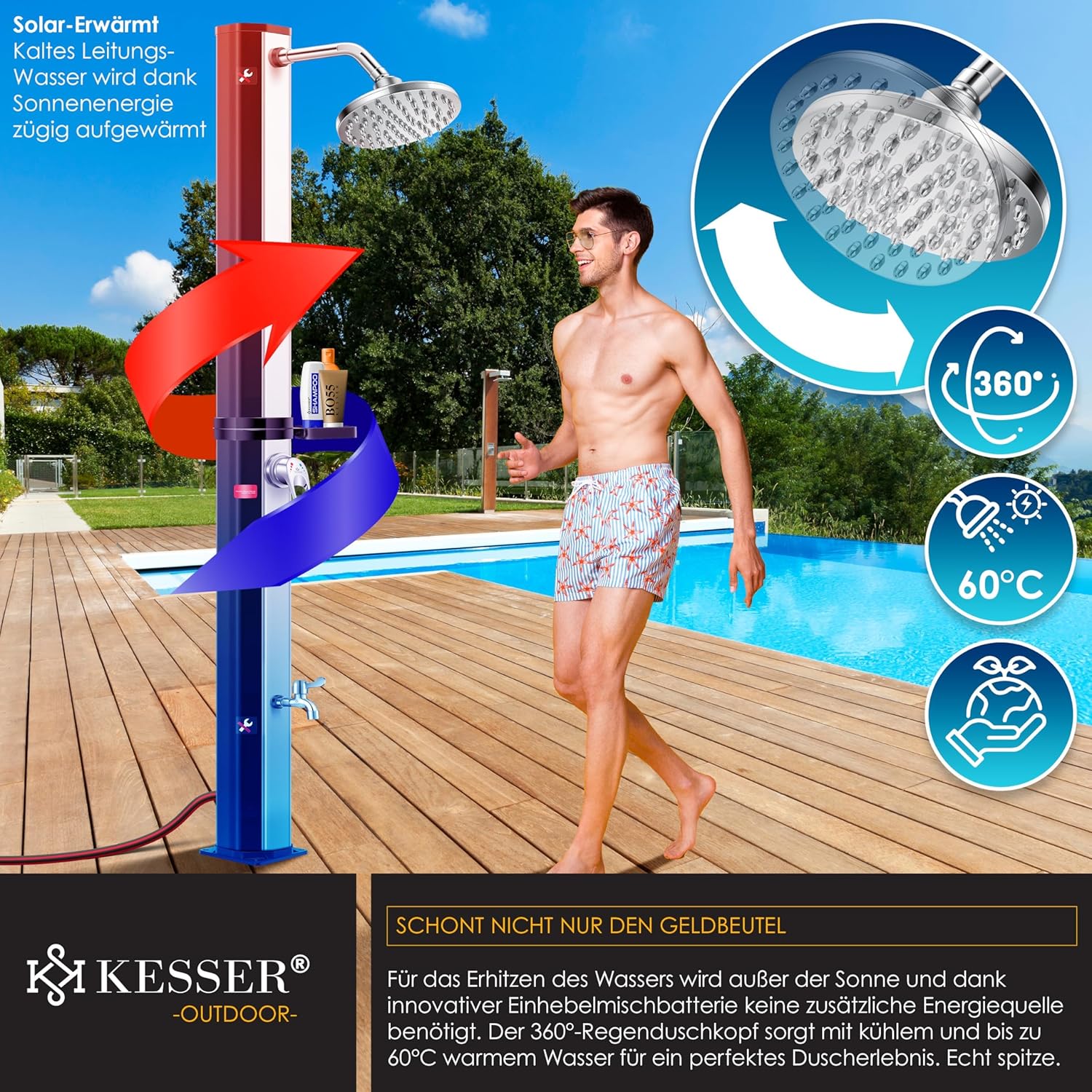 KESSER® Solarshower 40 L – Solargartendusche mit Metallregal, Schutzdeckel, bis 60 °C Warmwasser