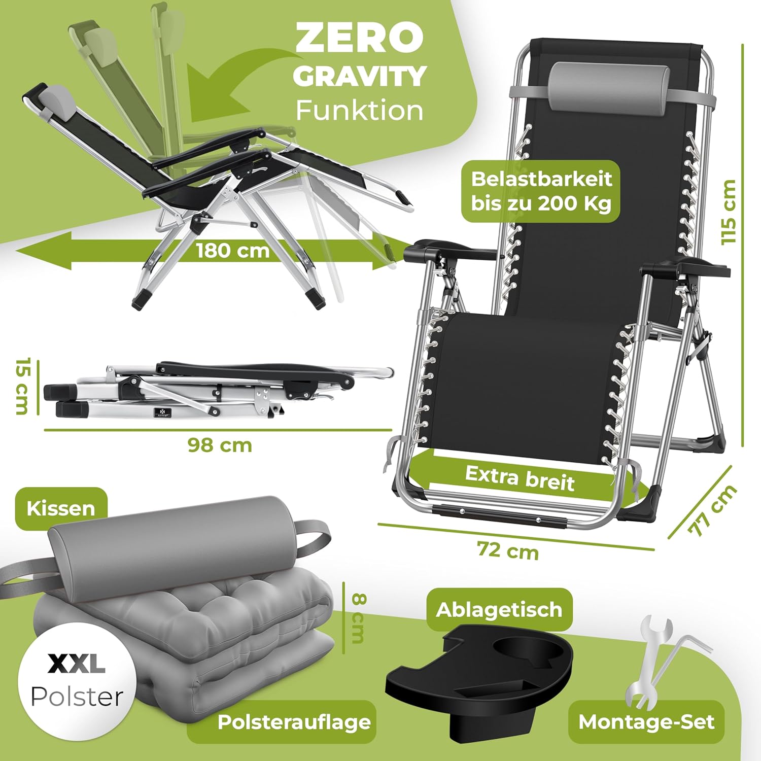 KESSER® Sonnenliege Deckchair faltbar, wetterfest, 200 kg, extra breite verstellbare Rückenlehne