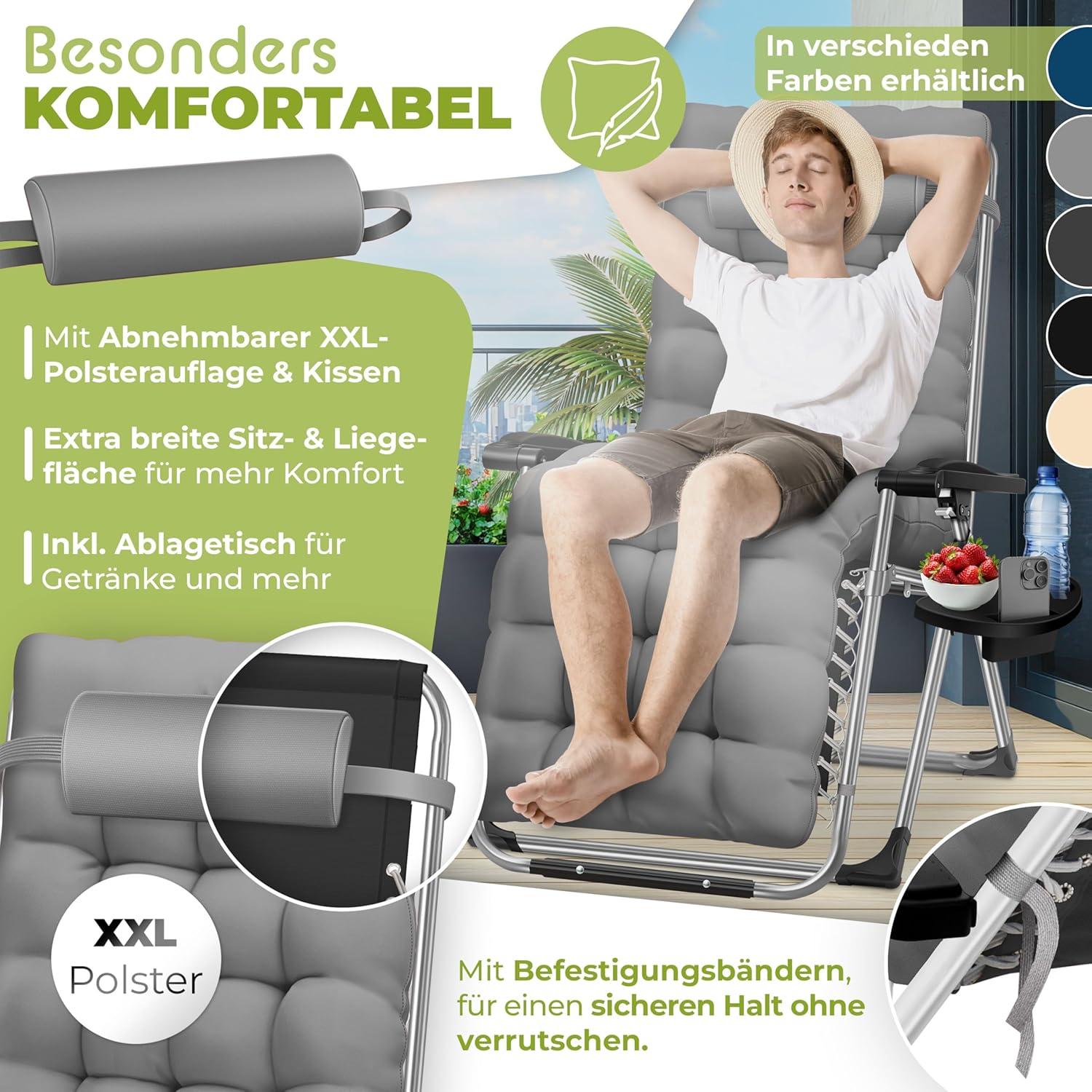 KESSER® Sonnenliege Deckchair faltbar, wetterfest, 200 kg, extra breite verstellbare Rückenlehne