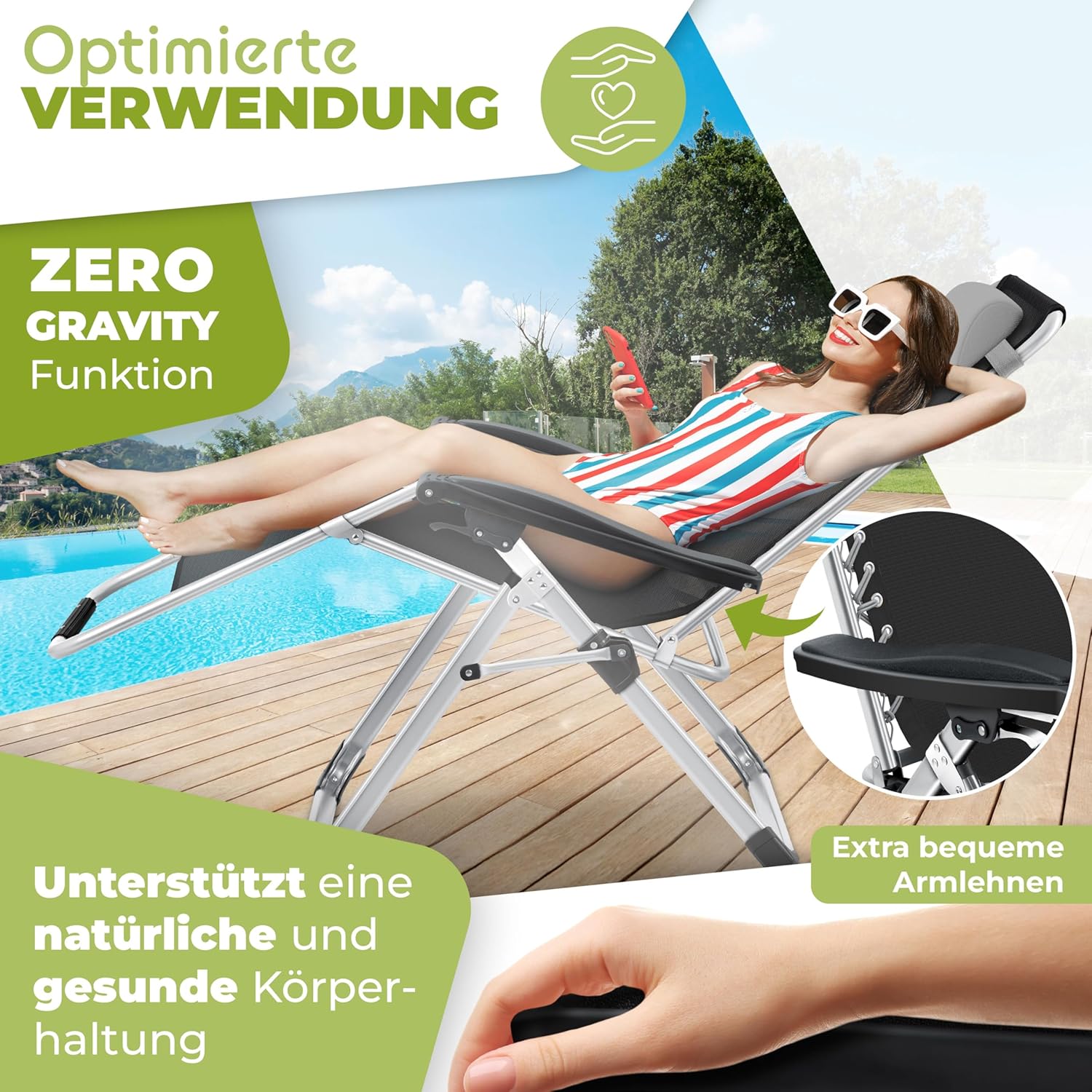 KESSER® Sonnenliege Deckchair faltbar, wetterfest, 200 kg, extra breite verstellbare Rückenlehne